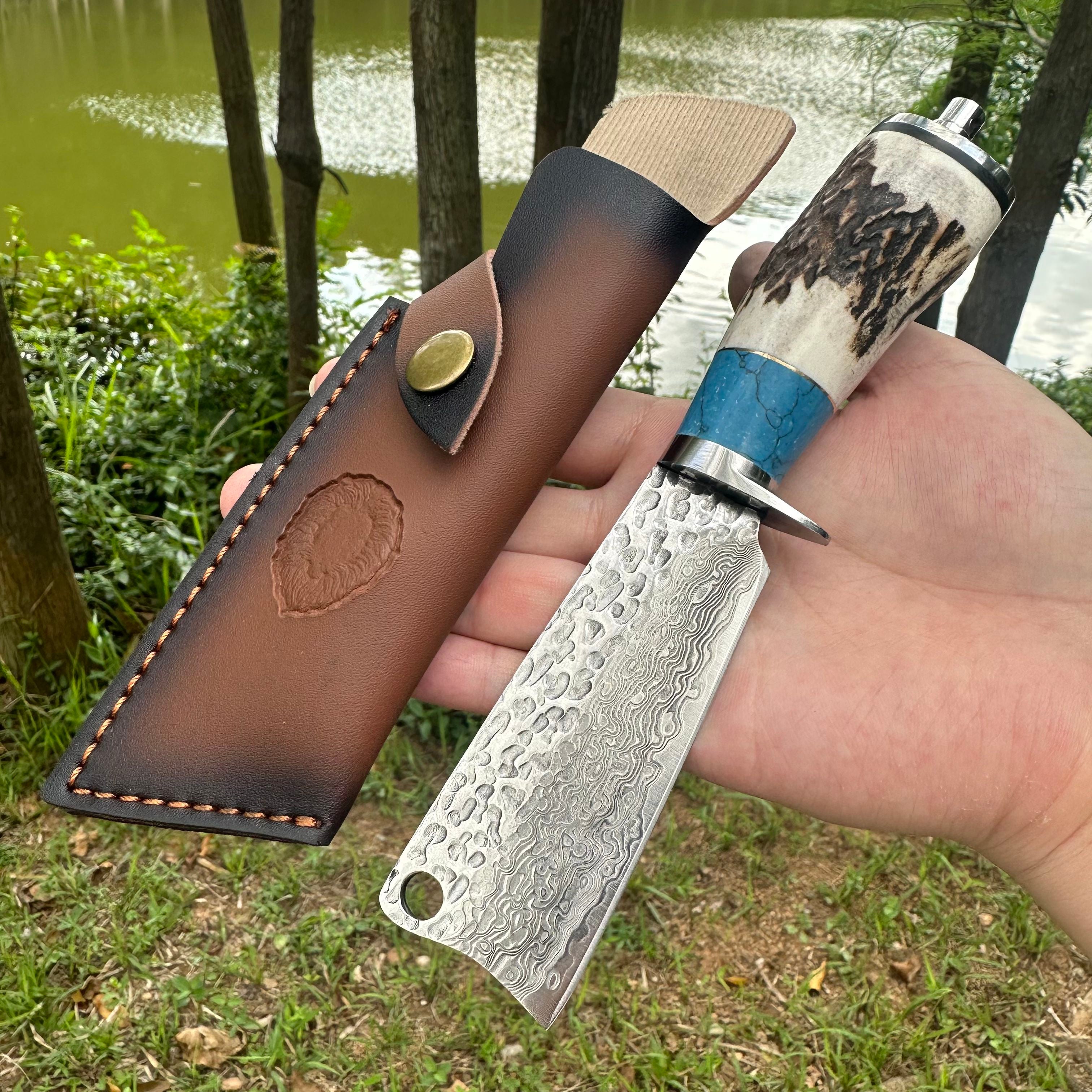 A040 Fixed Damascus VG10 Blade Antlers Handle Chopper Knife Leather Sheath