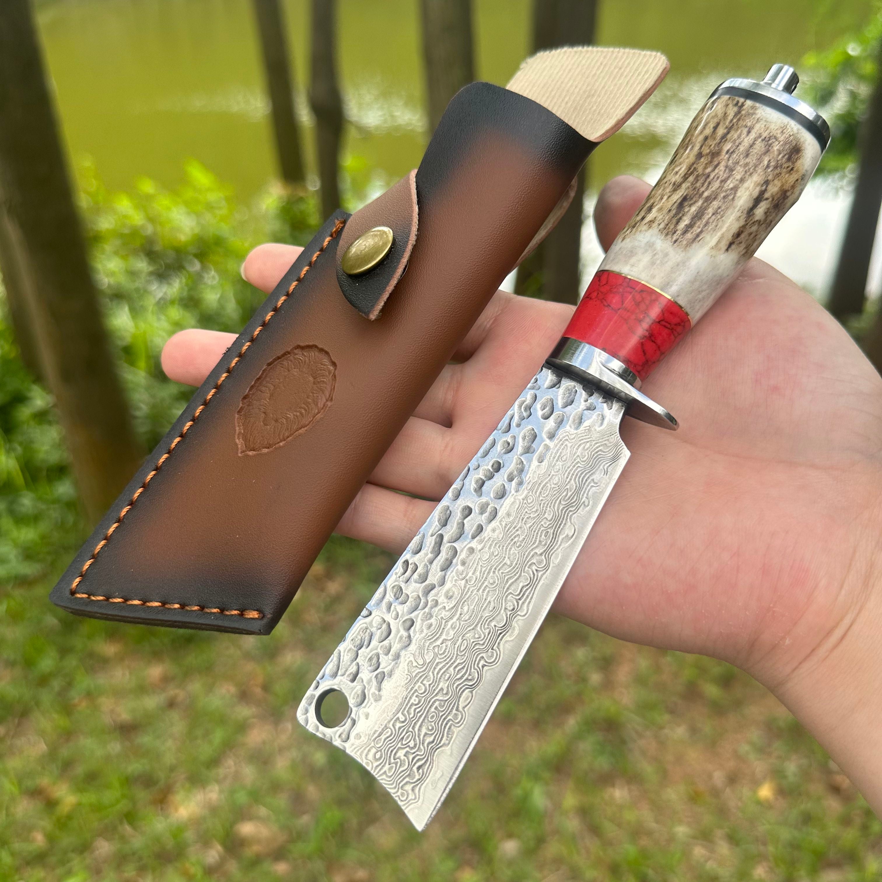 A040 Fixed Damascus VG10 Blade Antlers Handle Chopper Knife Leather Sheath