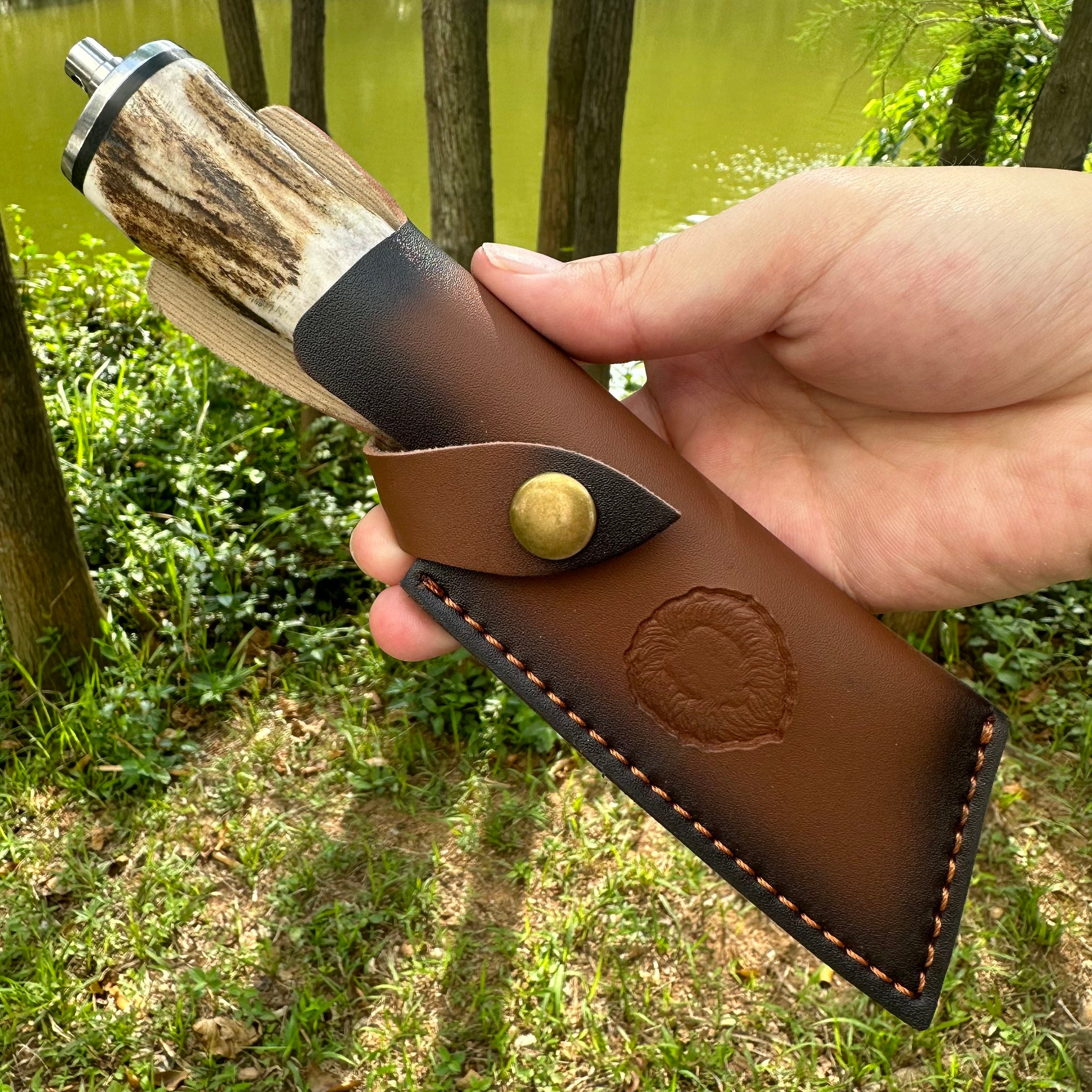 A040 Fixed Damascus VG10 Blade Antlers Handle Chopper Knife Leather Sheath