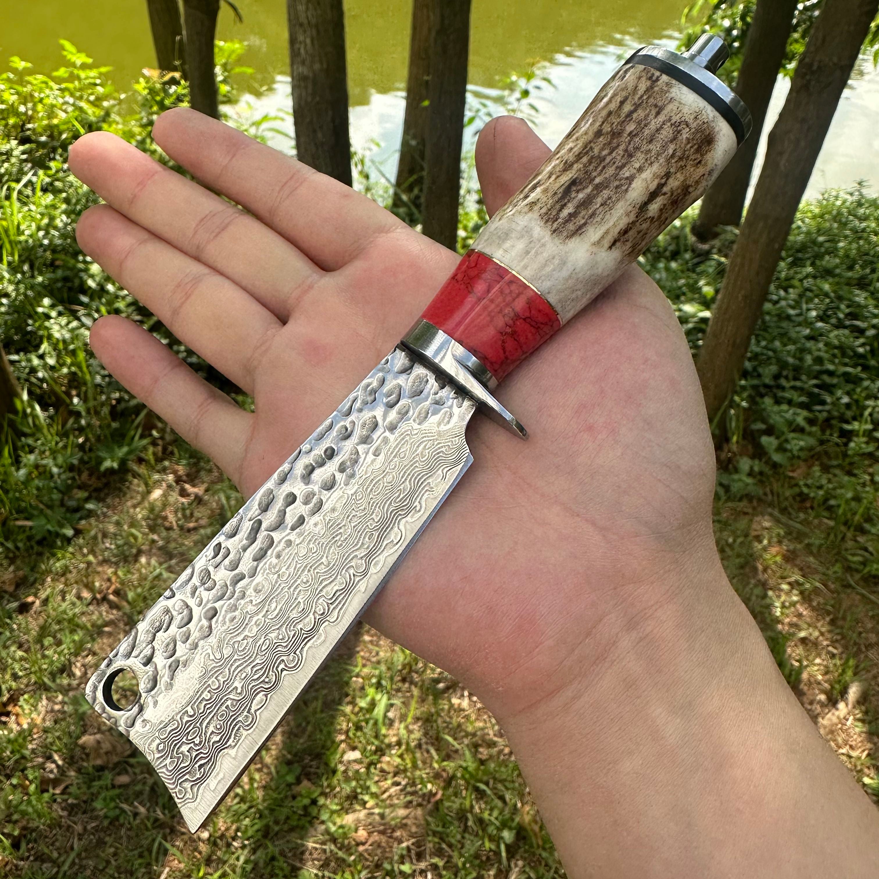 A040 Fixed Damascus VG10 Blade Antlers Handle Chopper Knife Leather Sheath