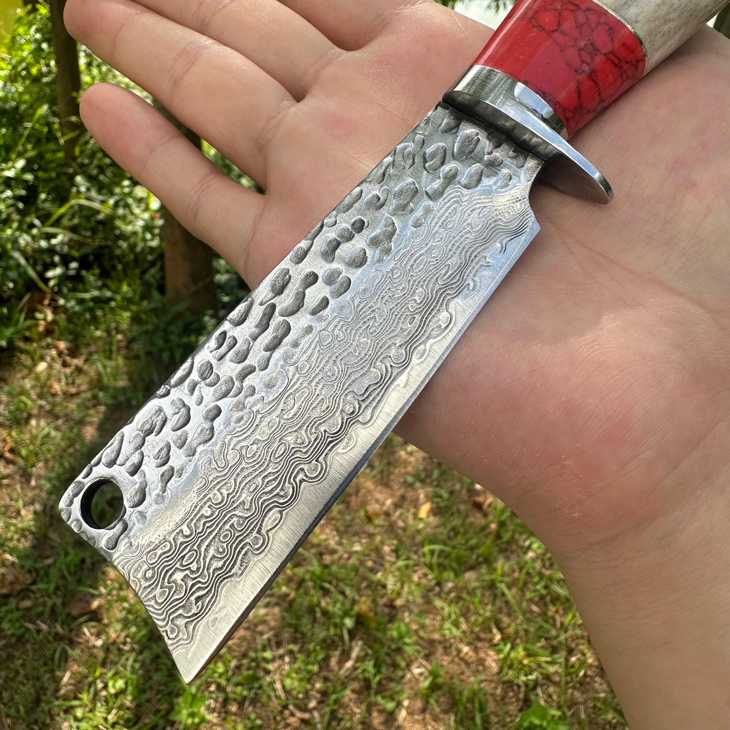 A040 Fixed Damascus VG10 Blade Antlers Handle Chopper Knife Leather Sheath