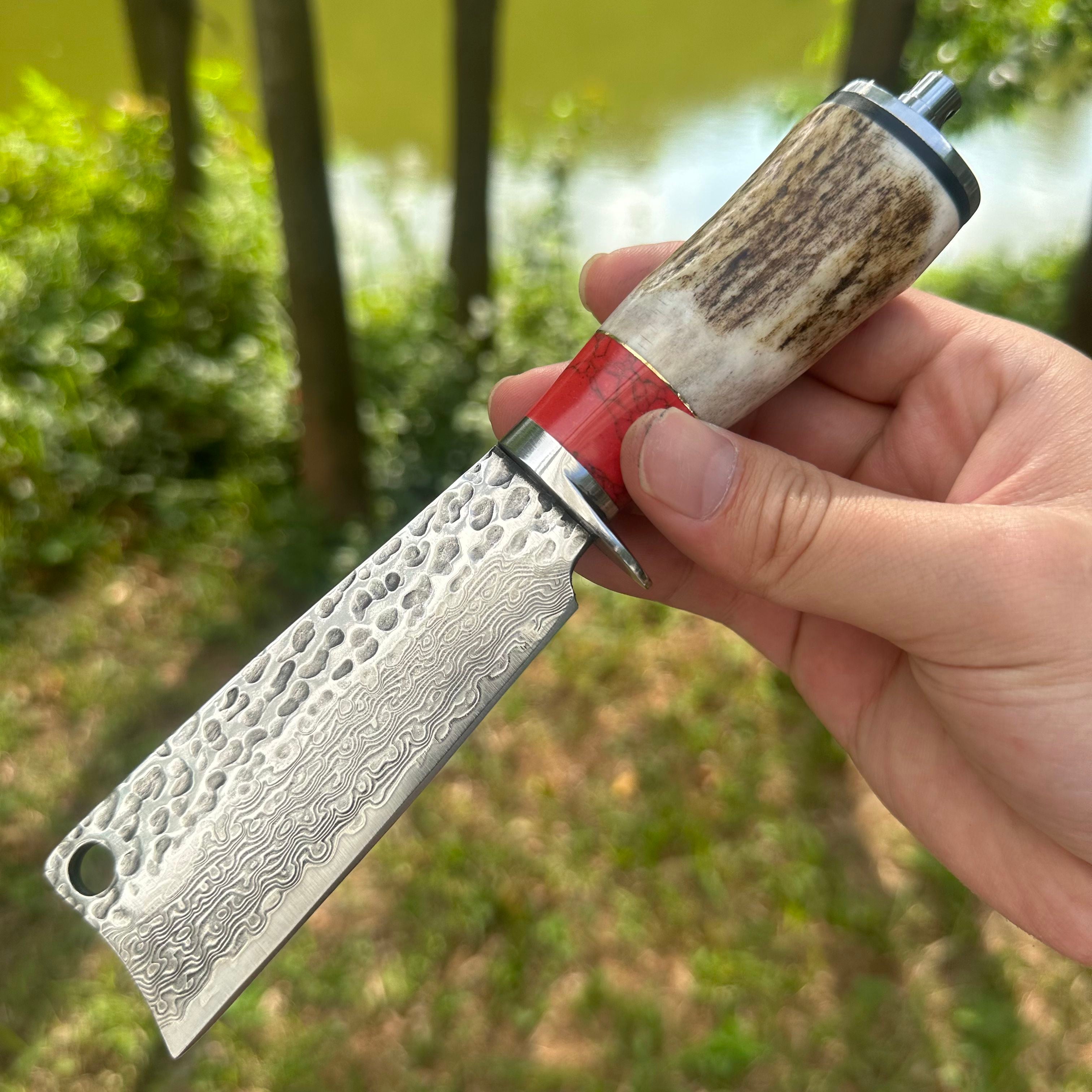 A040 Fixed Damascus VG10 Blade Antlers Handle Chopper Knife Leather Sheath