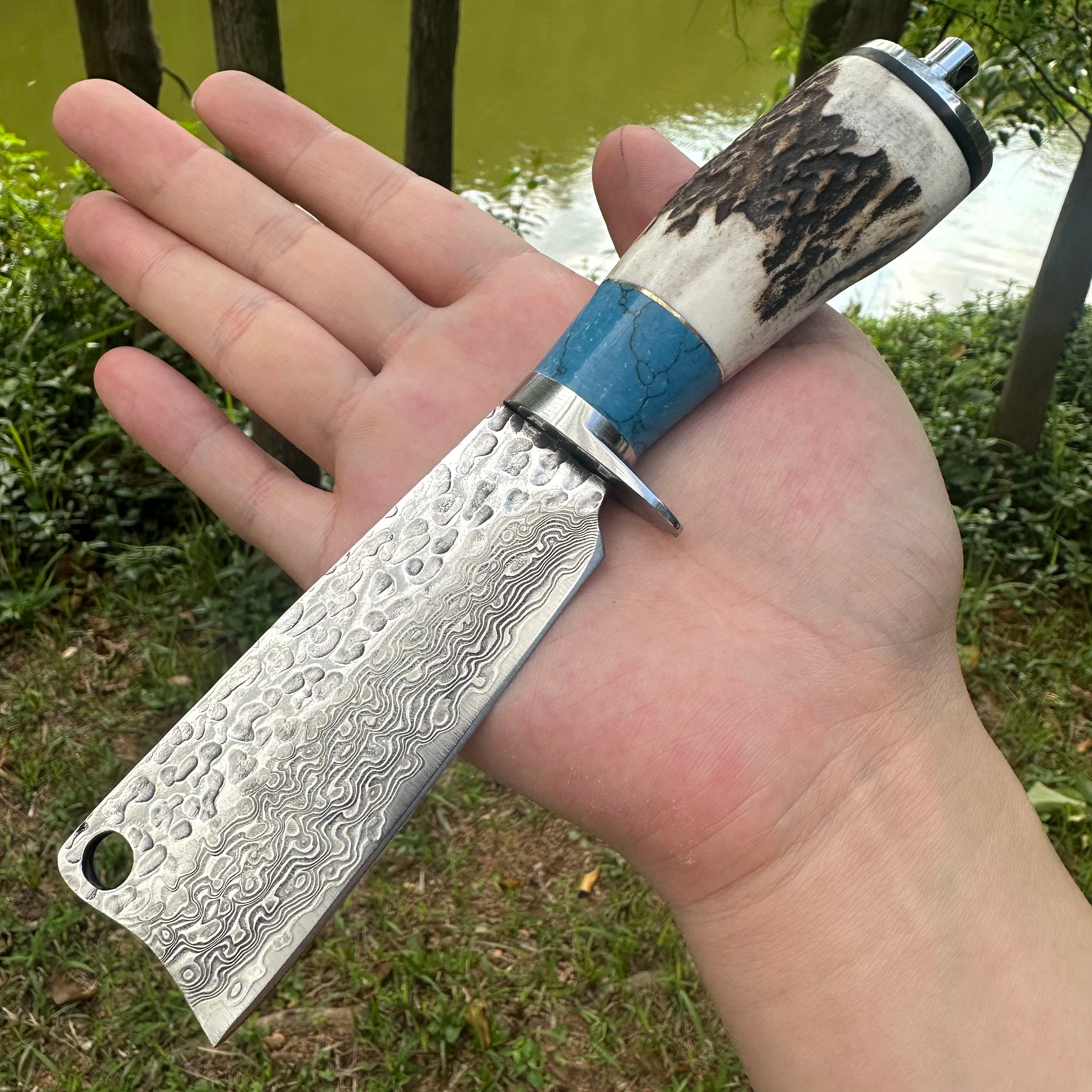 A040 Fixed Damascus VG10 Blade Antlers Handle Chopper Knife Leather Sheath