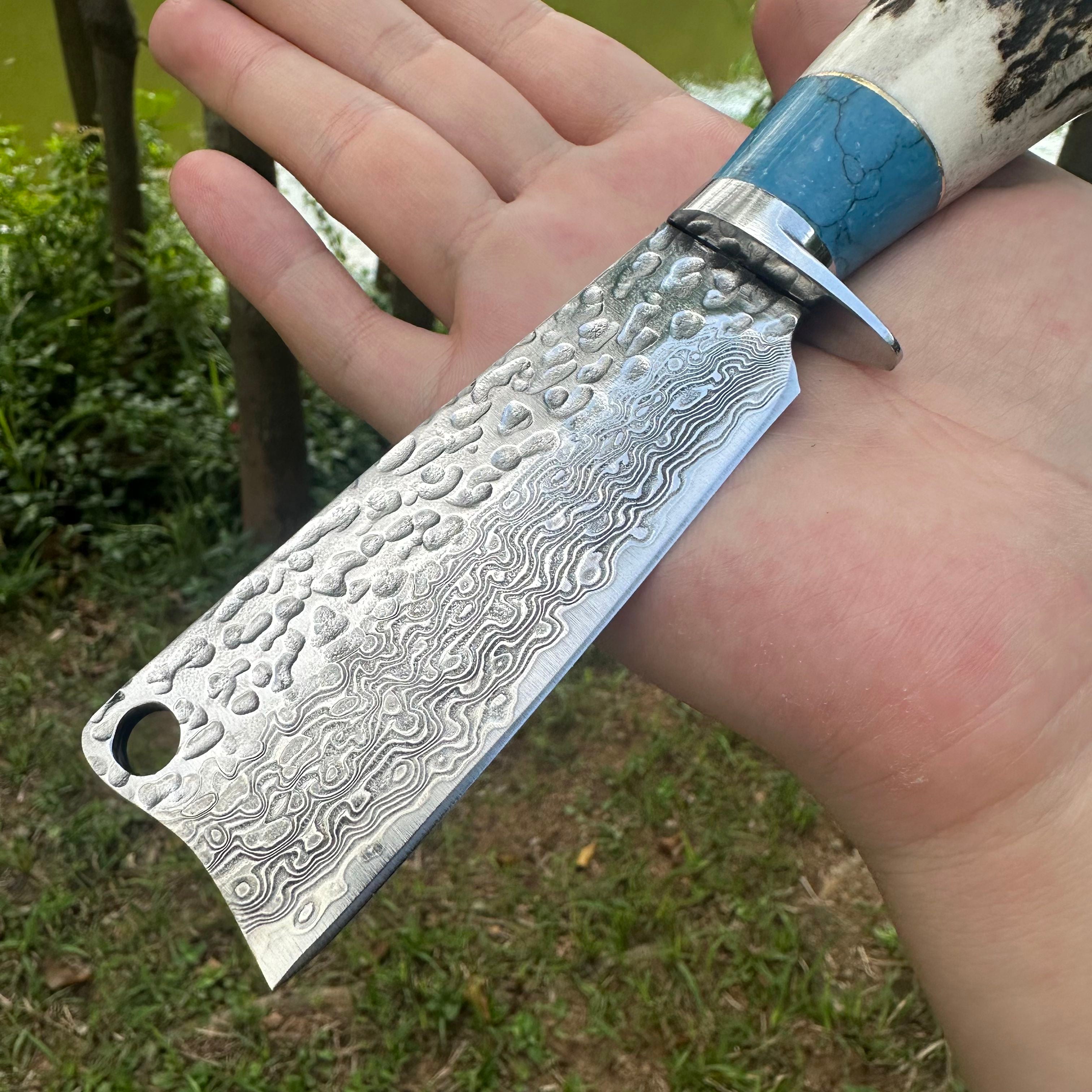 A040 Fixed Damascus VG10 Blade Antlers Handle Chopper Knife Leather Sheath