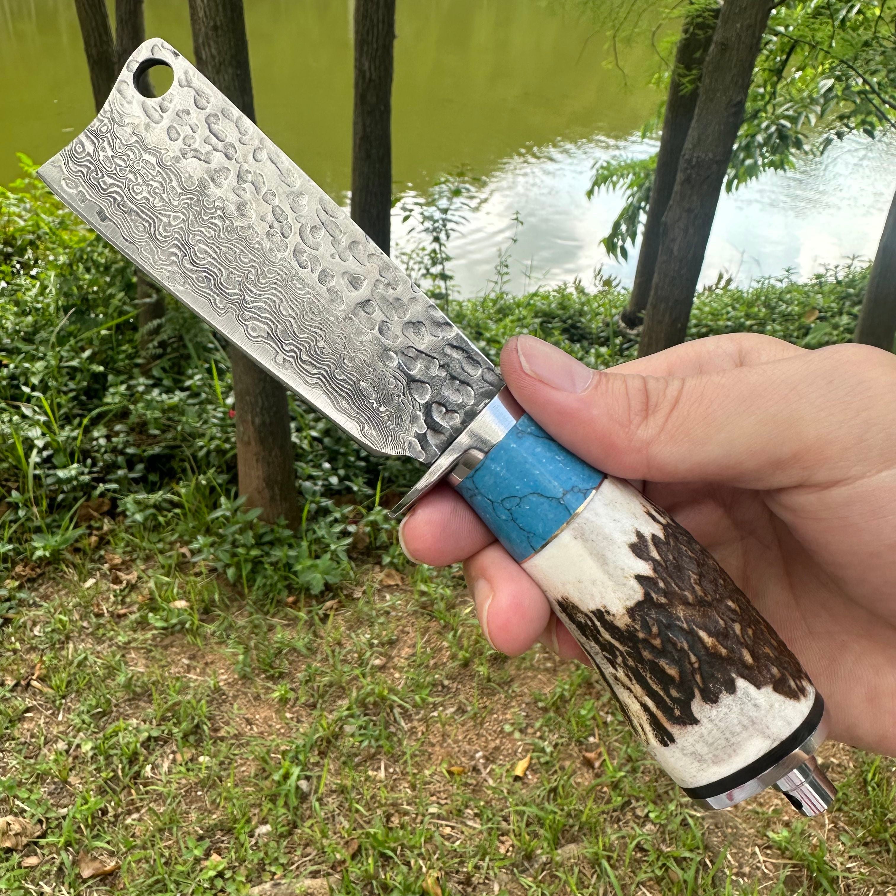 A040 Fixed Damascus VG10 Blade Antlers Handle Chopper Knife Leather Sheath