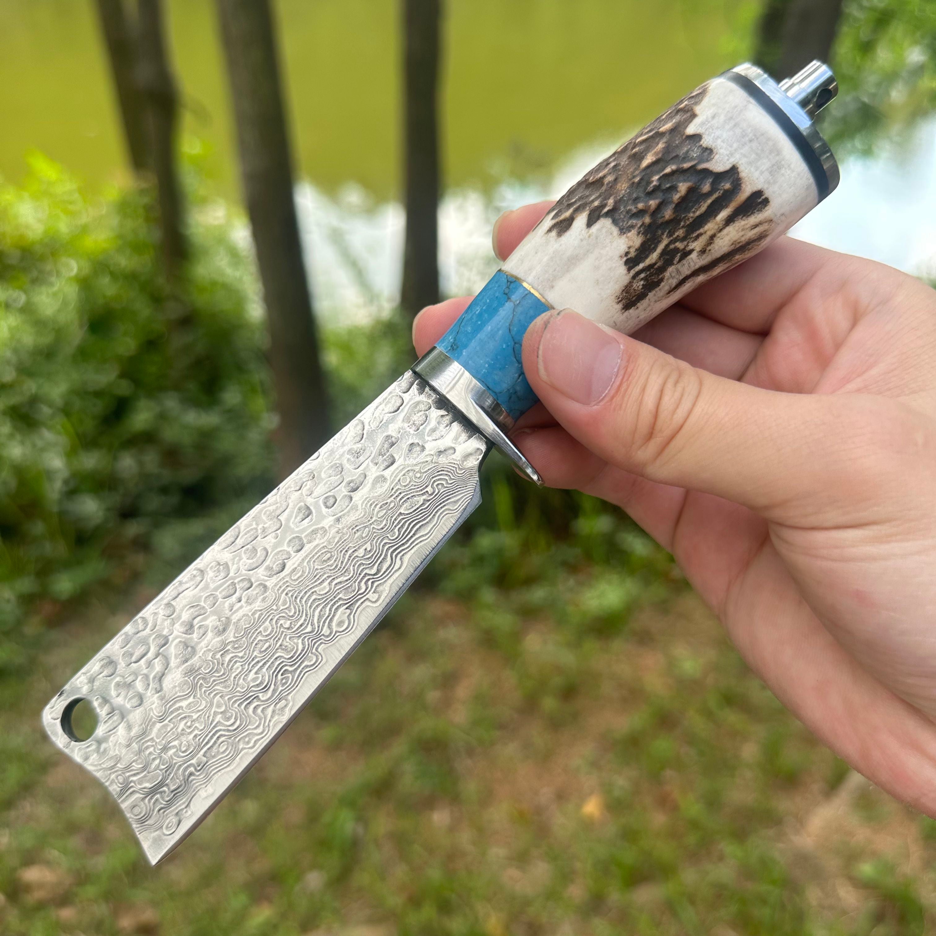 A040 Fixed Damascus VG10 Blade Antlers Handle Chopper Knife Leather Sheath